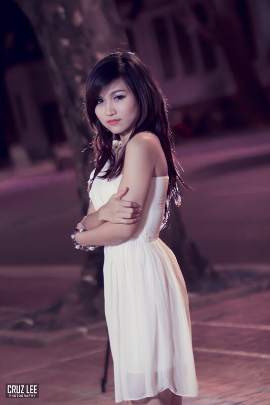 Woman in White Dress — Dramatic, Night, Photograph, Tree, Street