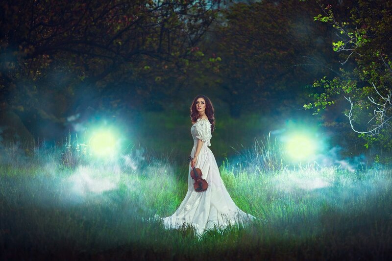 Woman in White Dress — Dramatic, Night, Photograph, Violin
