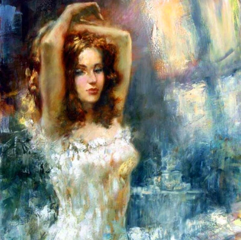 Woman in White Dress — Dramatic, Painting, Arms Raised
