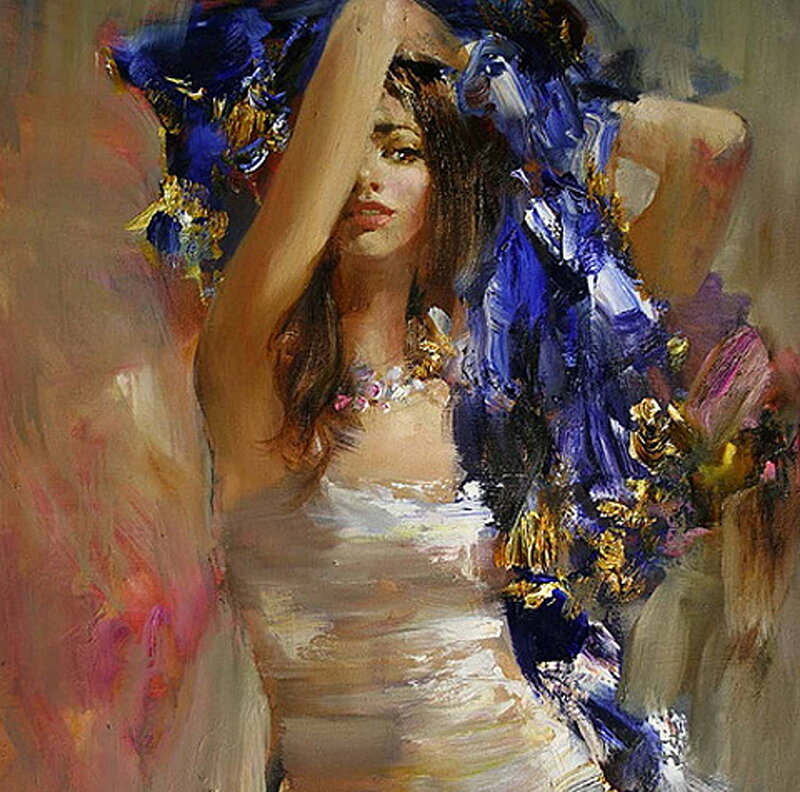 Woman in White Dress — Dramatic, Painting, Blue Fabric