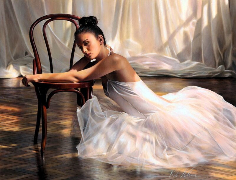 Woman in White Dress — Dramatic, Painting, Chair