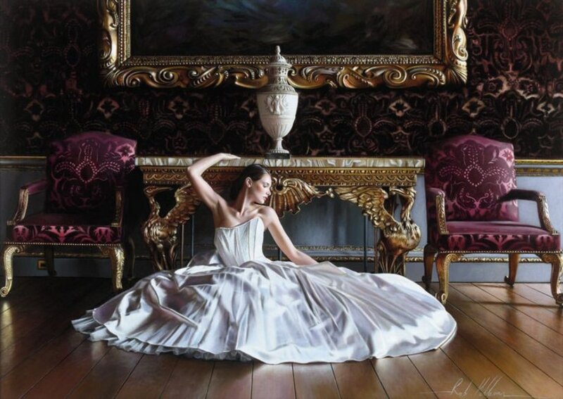 Woman in White Dress — Dramatic, Painting, Chairs