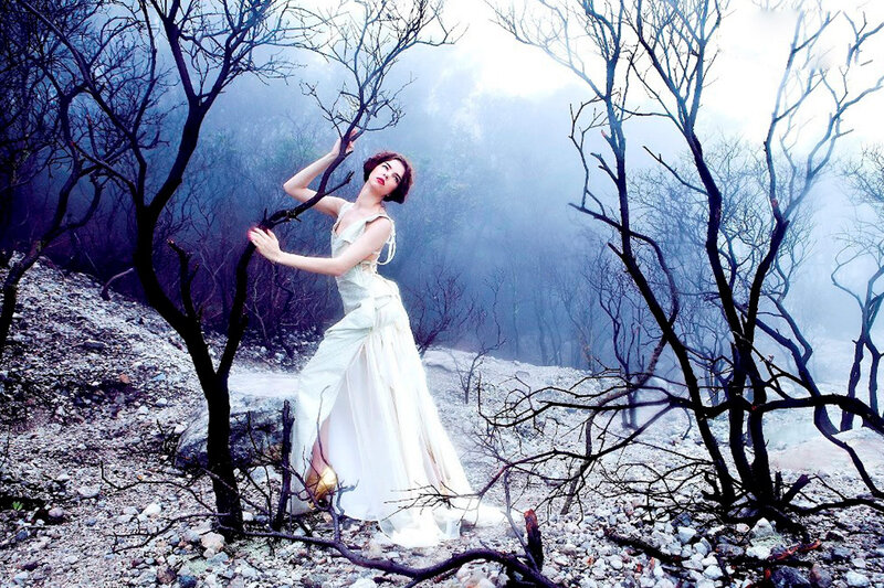 Woman in White Dress — Dramatic, Photograph, Bare Trees