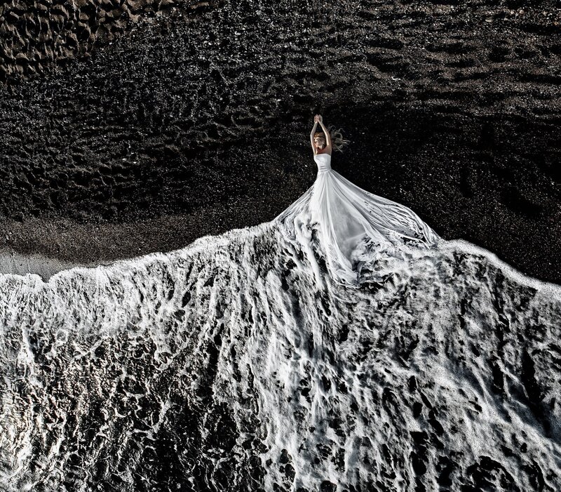 Woman in White Dress — Dramatic, Photograph, Beach, Ocean, Waves