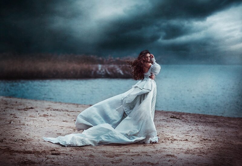 Woman in White Dress — Dramatic, Photograph, Beach, Sea
