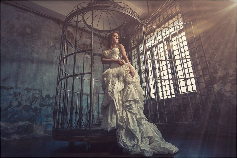 Woman in White Dress — Dramatic, Photograph, Birdcage