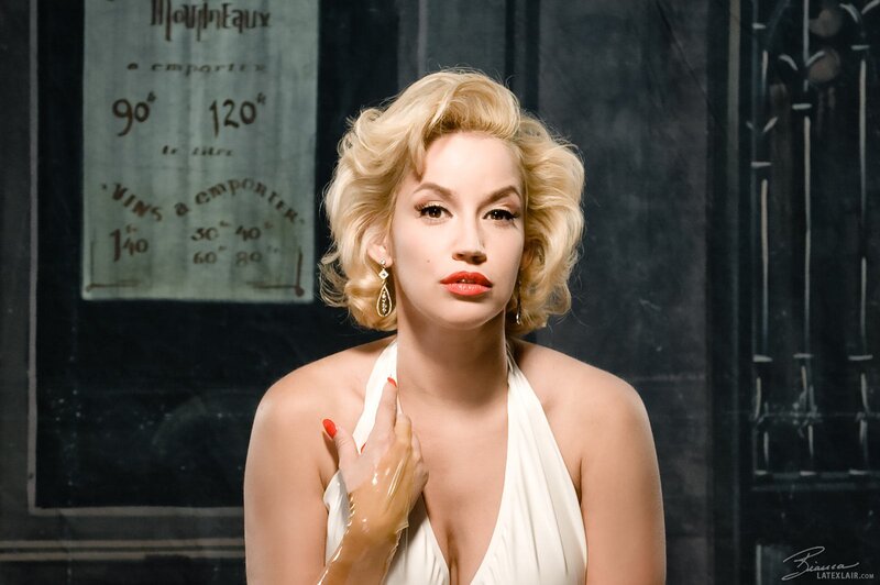 Woman in White Dress — Dramatic, Photograph, Blonde Hair, Red Lipstick, White Halter Dress