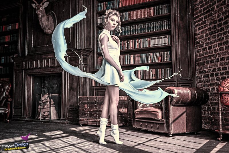 Woman in White Dress — Dramatic, Photograph, Bookshelf