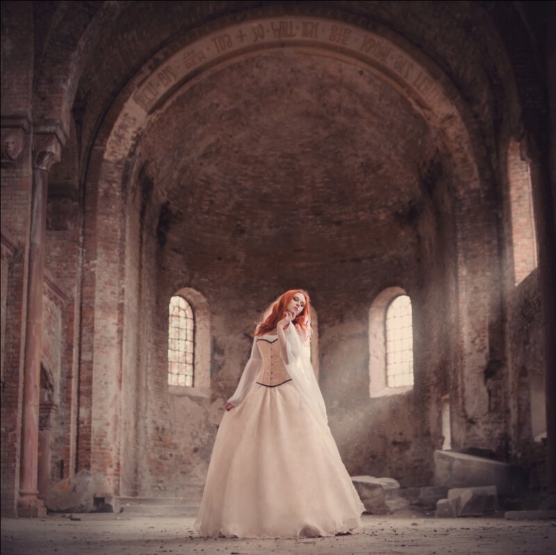 Woman in White Dress — Dramatic, Photograph, Brick Arch