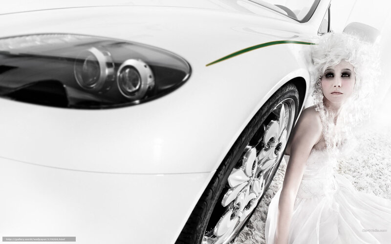 Woman in White Dress — Dramatic, Photograph, Car, Headlight