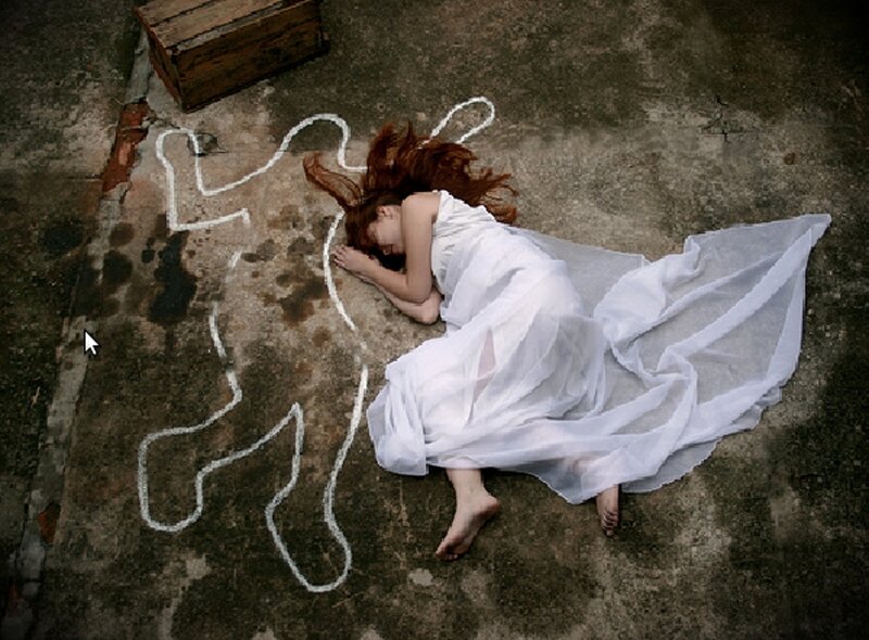 Woman in White Dress — Dramatic, Photograph, Chalk Outline