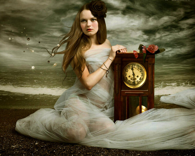 Woman in White Dress — Dramatic, Photograph, Clock
