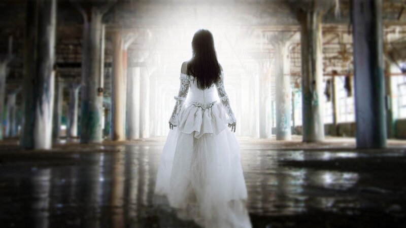 Woman in White Dress — Dramatic, Photograph, Columns