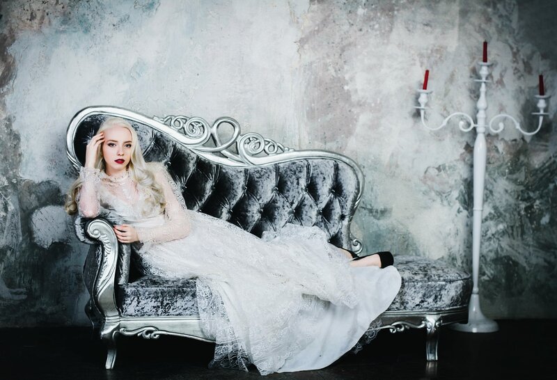 Woman in White Dress — Dramatic, Photograph, Couch, Candelabra