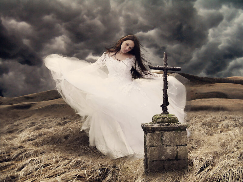 Woman in White Dress — Dramatic, Photograph, Cross