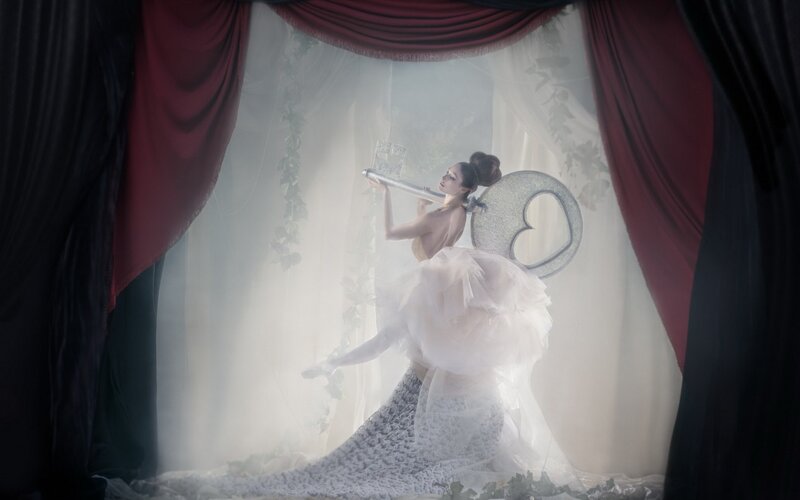 Woman in White Dress — Dramatic, Photograph, Curtain