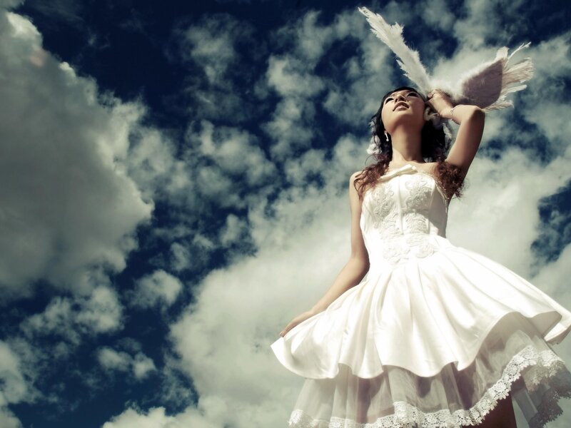 Woman in White Dress — Dramatic, Photograph, Feathered Wings