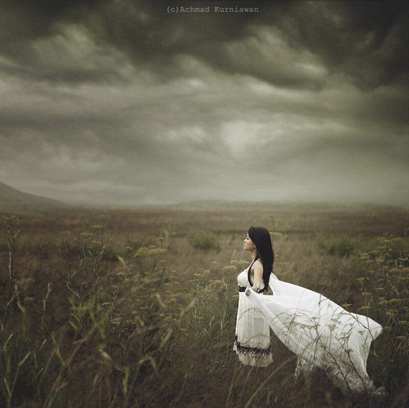 Woman in White Dress — Dramatic, Photograph, Field, Clouds, Grass