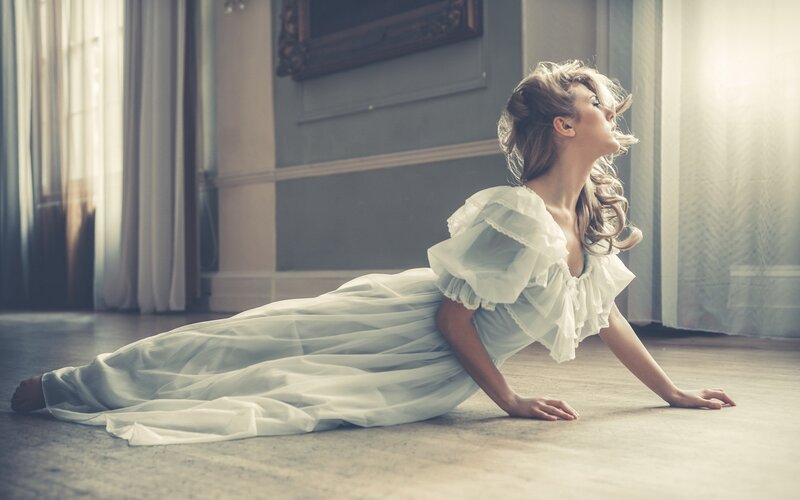 Woman in White Dress — Dramatic, Photograph, Floor, Curtains