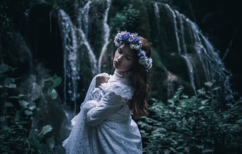 Woman in White Dress — Dramatic, Photograph, Flower Crown, Waterfall
