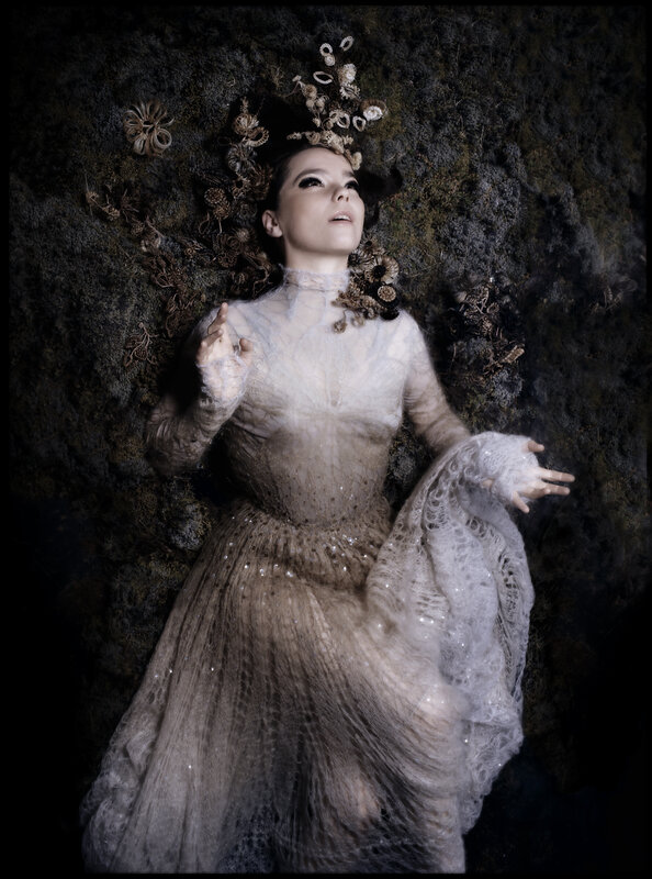 Woman in White Dress — Dramatic, Photograph, Flowers, Moss