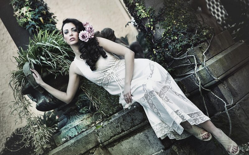 Woman in White Dress — Dramatic, Photograph, Flowers, Plants, Stone Steps