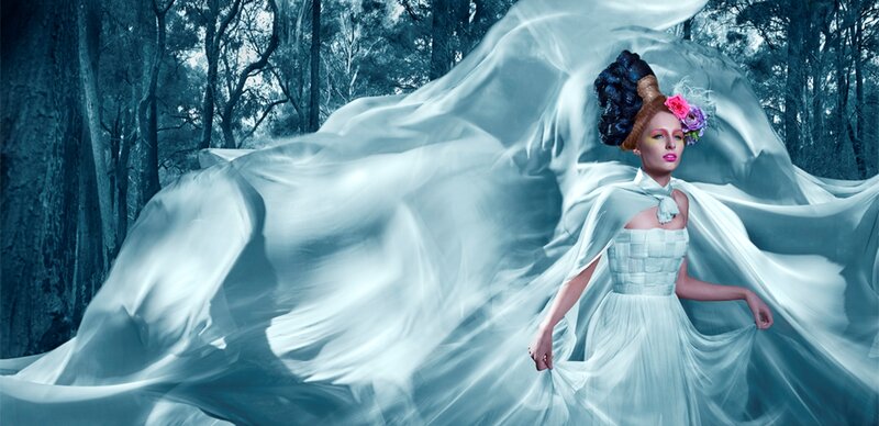 Woman in White Dress — Dramatic, Photograph, Forest, Flowers