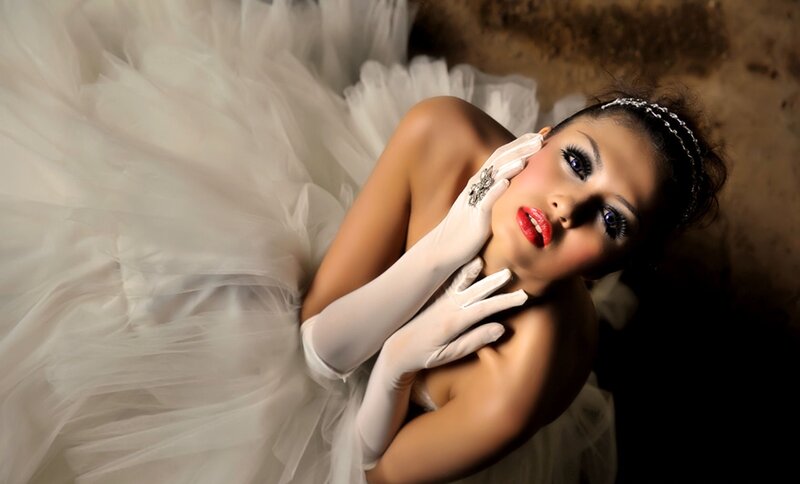 Woman in White Dress — Dramatic, Photograph, Gloves, Tiara