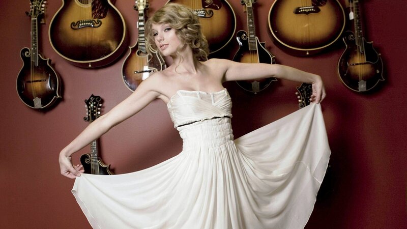 Woman in White Dress — Dramatic, Photograph, Guitars, Wall