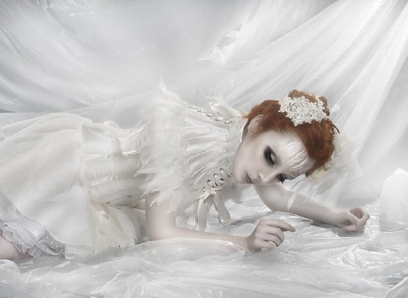 Woman in White Dress — Dramatic, Photograph, Hair Accessory