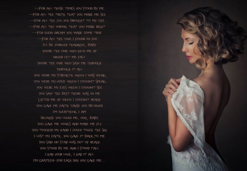Woman in White Dress — Dramatic, Photograph, Hair, Text