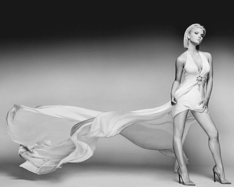 Woman in White Dress — Dramatic, Photograph, Heels, Studio, Gray