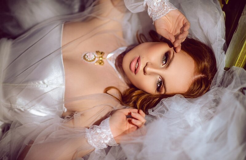Woman in White Dress — Dramatic, Photograph, Lace