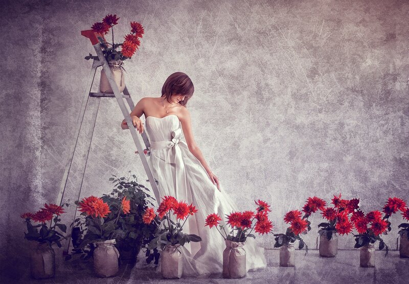 Woman in White Dress — Dramatic, Photograph, Ladder