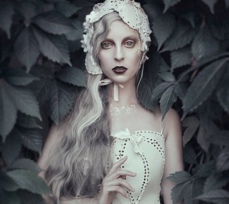 Woman in White Dress — Dramatic, Photograph, Leaves, Lace Hat