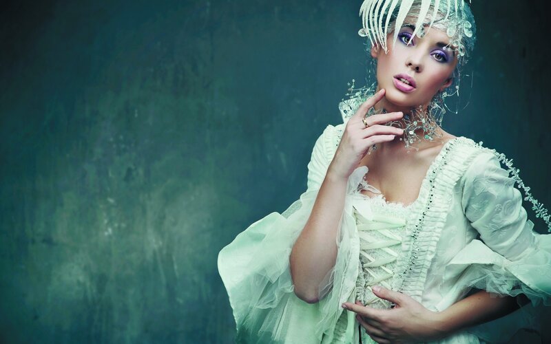 Woman in White Dress — Dramatic, Photograph, Makeup, Headpiece