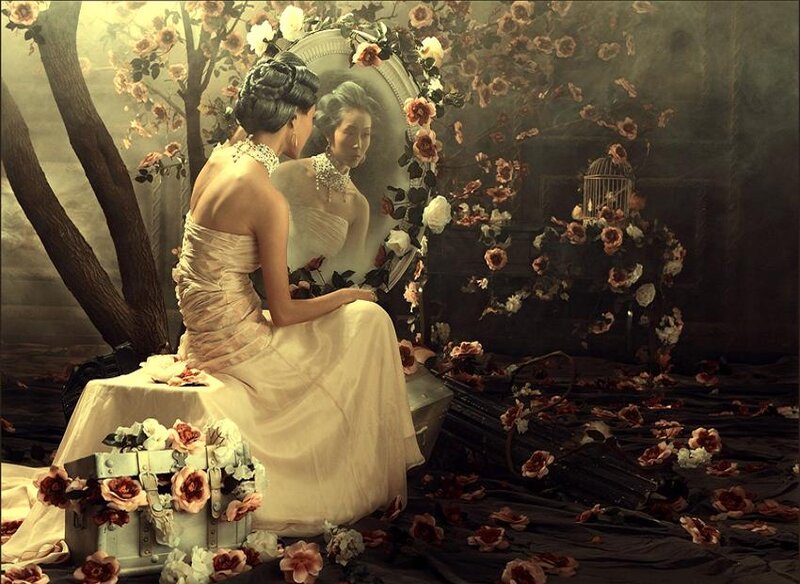 Woman in White Dress — Dramatic, Photograph, Mirror, Flowers