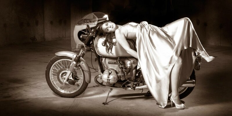 Woman in White Dress — Dramatic, Photograph, Motorcycle