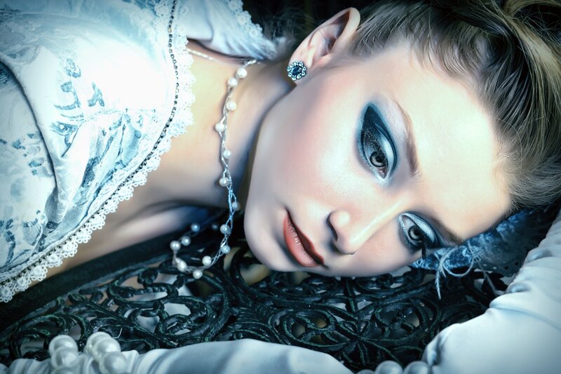 Woman in White Dress — Dramatic, Photograph, Pearl Necklace, Eye Makeup
