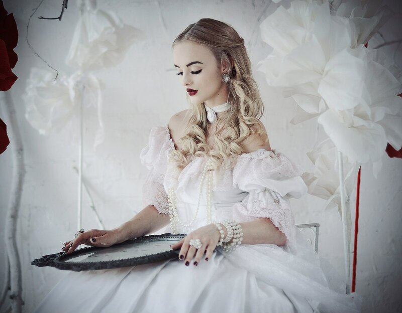 Woman in White Dress — Dramatic, Photograph, Pearls