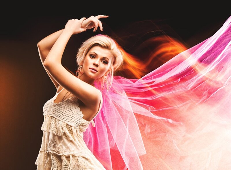 Woman in White Dress — Dramatic, Photograph, Pink Fabric