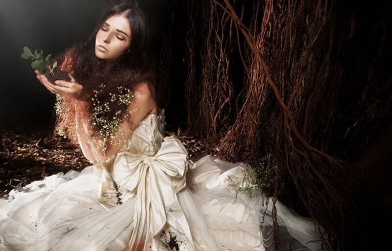 Woman in White Dress — Dramatic, Photograph, Plant