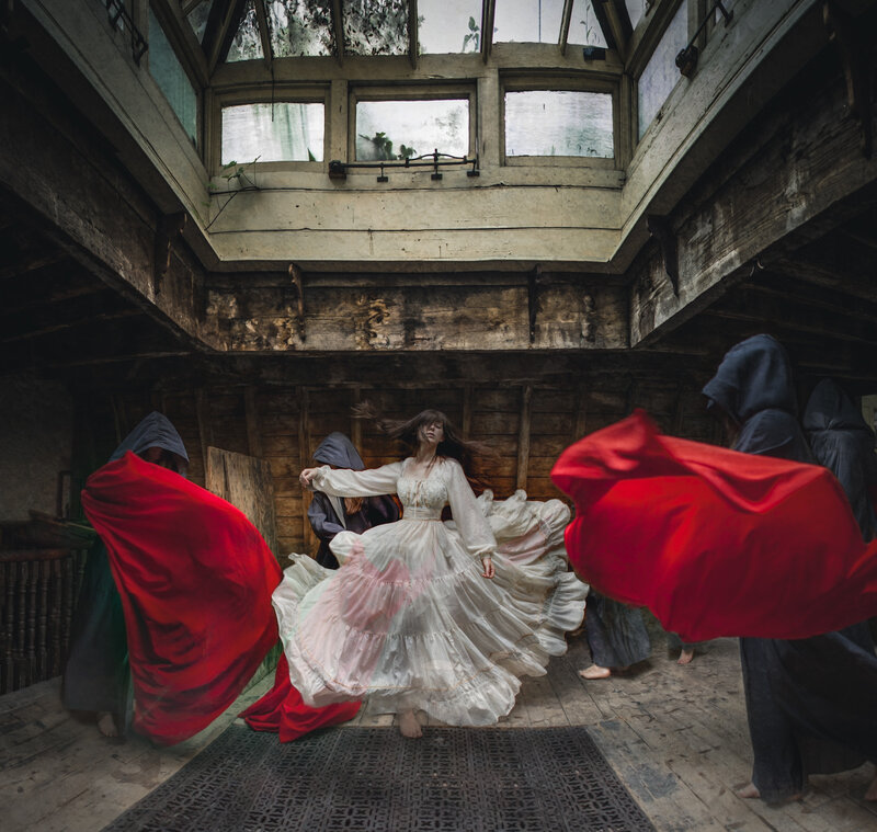 Woman in White Dress — Dramatic, Photograph, Red Cloaks