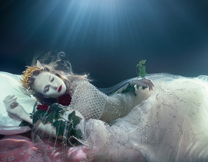 Woman in White Dress — Dramatic, Photograph, Red Rose, Crown