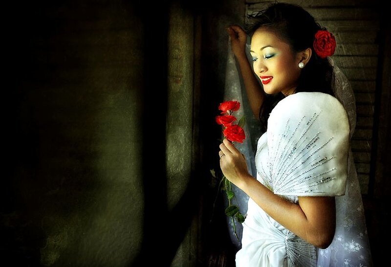 Woman in White Dress — Dramatic, Photograph, Red Roses