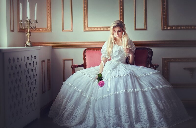 Woman in White Dress — Dramatic, Photograph, Rose, Candlestick