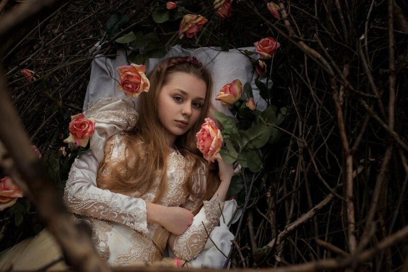 Woman in White Dress — Dramatic, Photograph, Roses, Branches