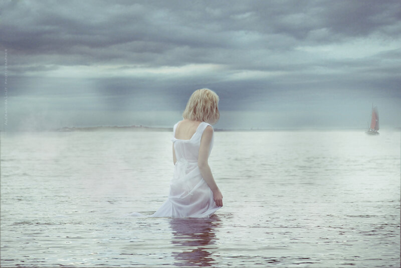 Woman in White Dress — Dramatic, Photograph, Sailboat