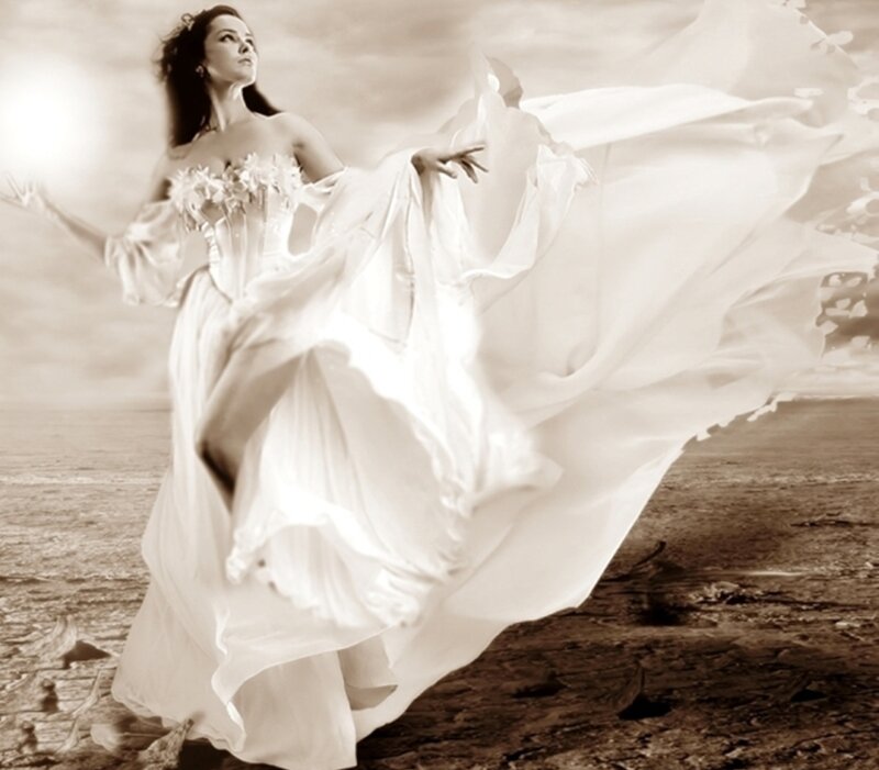 Woman in White Dress — Dramatic, Photograph, Sea