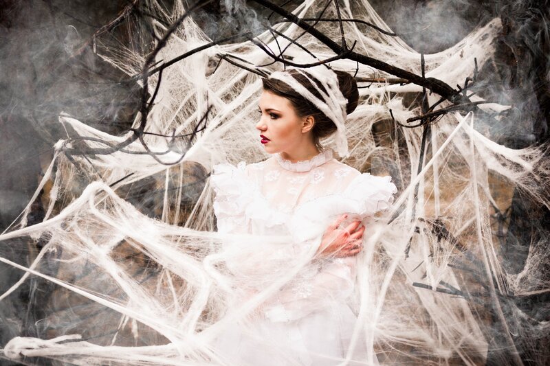 Woman in White Dress — Dramatic, Photograph, Spiderwebs